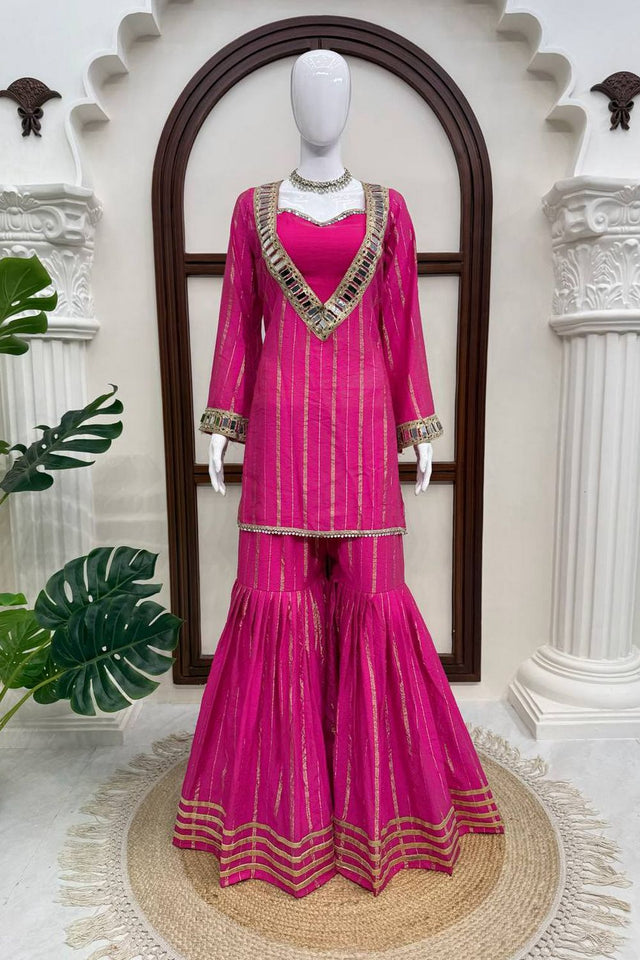 Pink Mirror Work Art Silk Sharara Suit (Rt-6068)