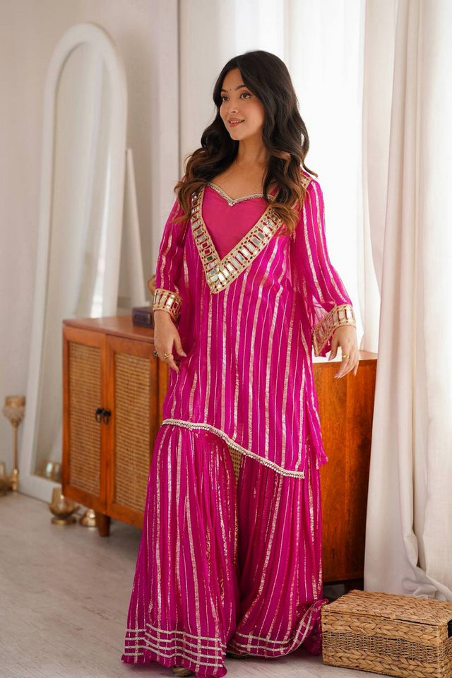 Pink Mirror Work Art Silk Sharara Suit (Rt-6068)