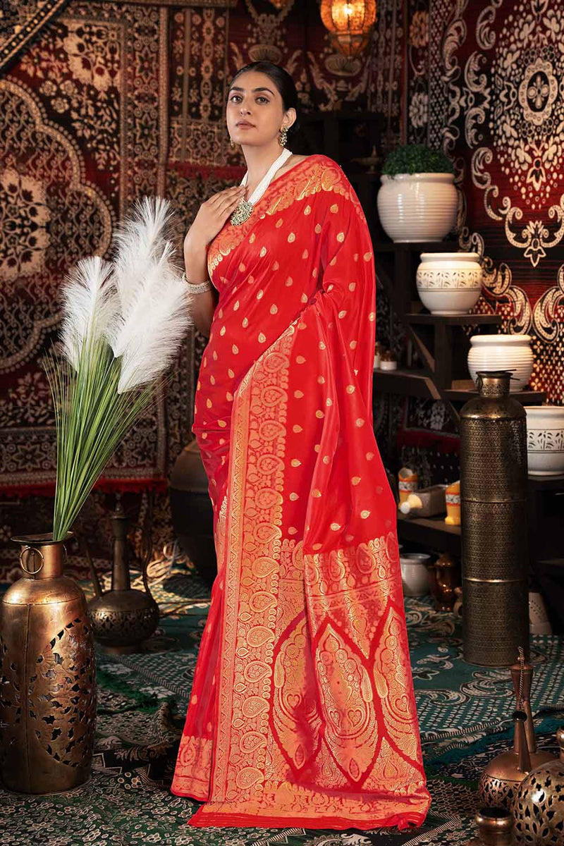 Red Banarasi Silk Saree with Leriya Zari and Contrast Pallu main image 1