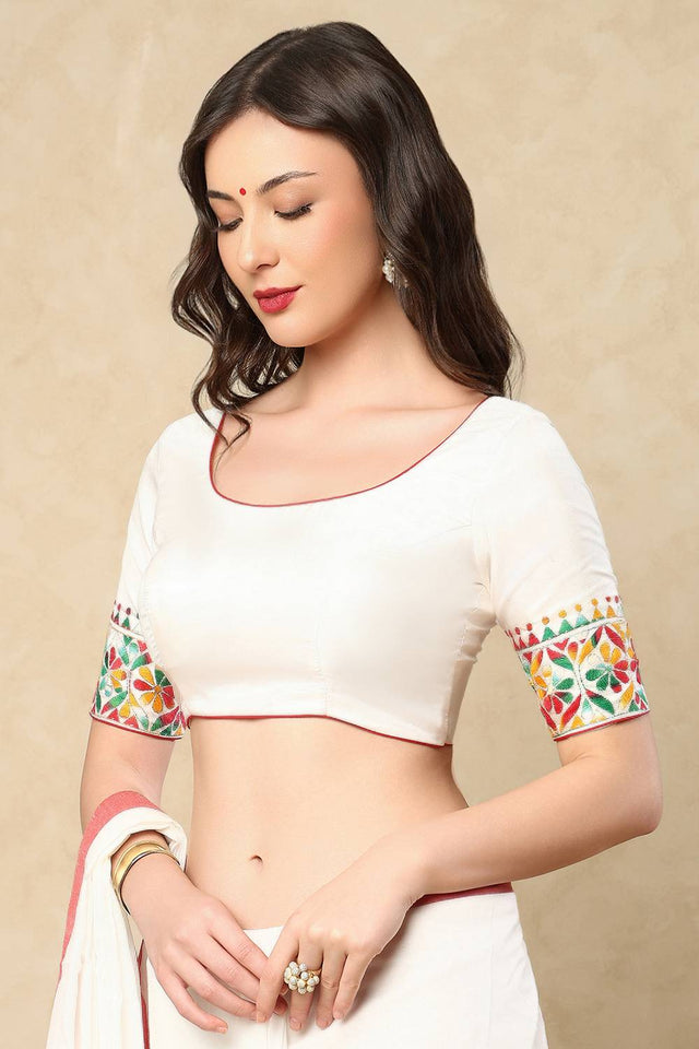 White Embroidered Silk Blouse