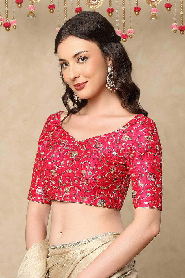 Pink Sequin with Embroidered Raw silk Blouse