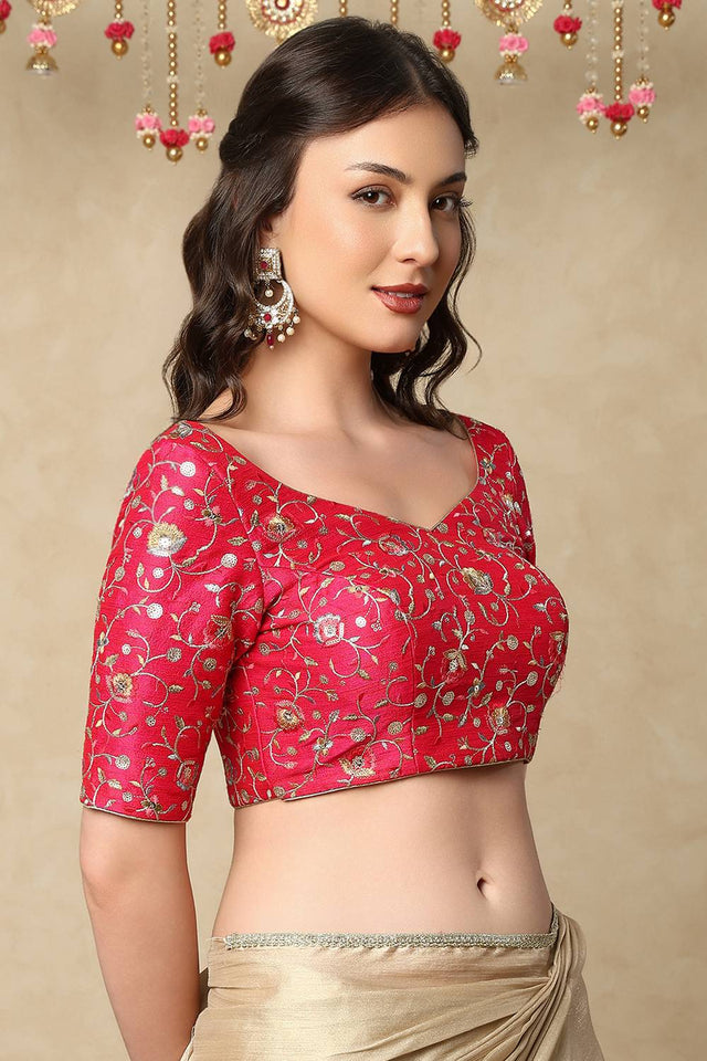 Pink Sequin with Embroidered Raw silk Blouse