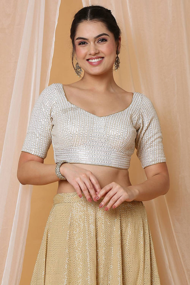 Off White Sequin with Embroidered Georgette Blouse