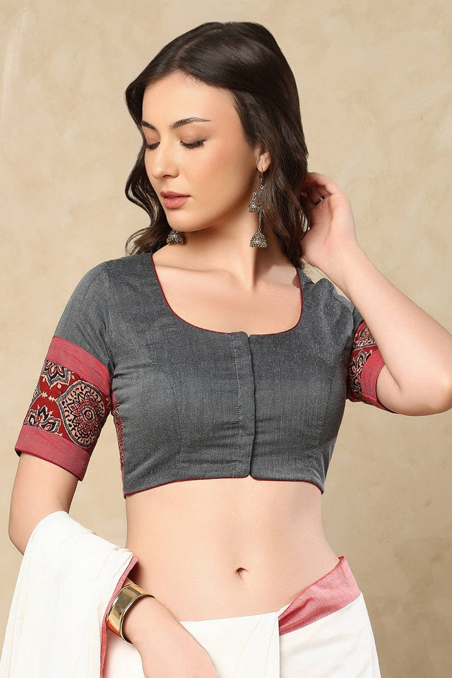 Grey Solid Cotton Blouse