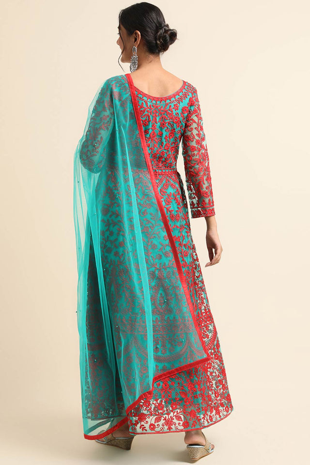 Net Designer Anarkali Suit Set In Green