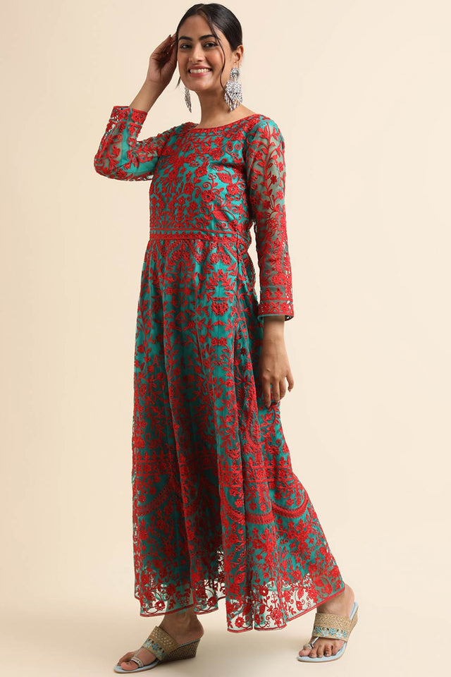 Net Designer Anarkali Suit Set In Green