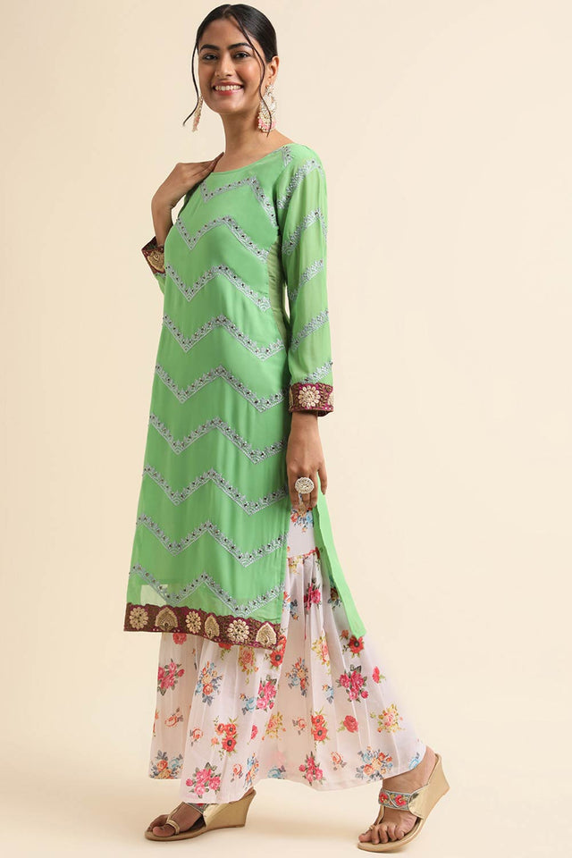 Green Faux Georgette Sharara Sharara Suit Set