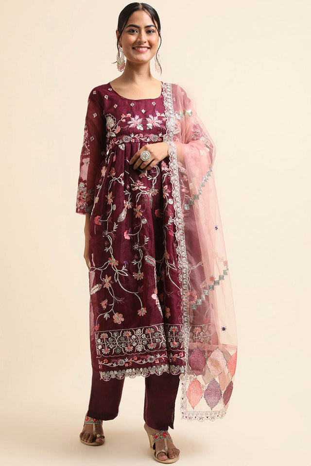 Wine Organza Pakistani Suit