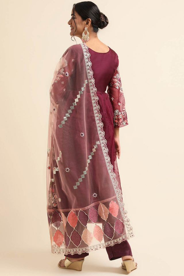 Wine Organza Pakistani Suit