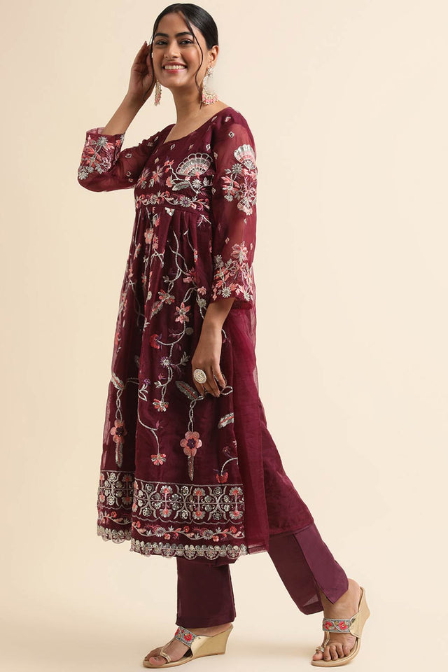 Wine Organza Pakistani Suit