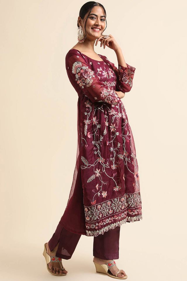 Wine Organza Pakistani Suit