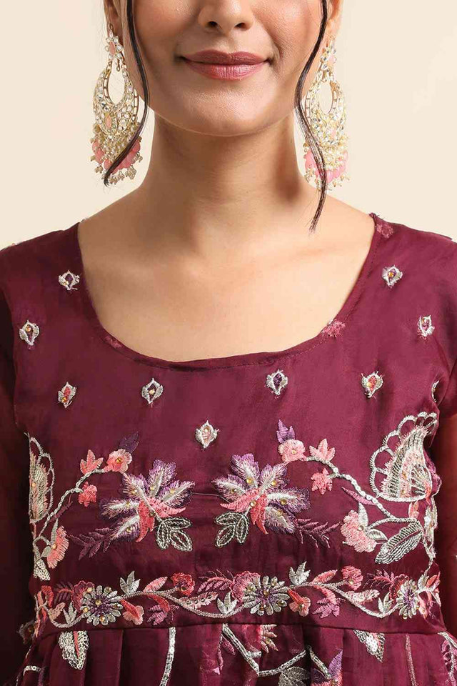 Wine Organza Pakistani Suit