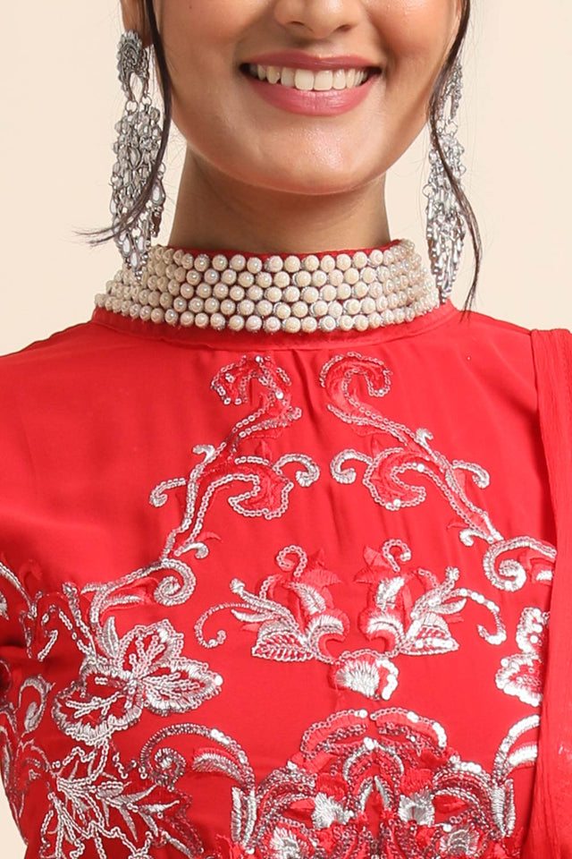 Red Faux Georgette Pakistani Suit