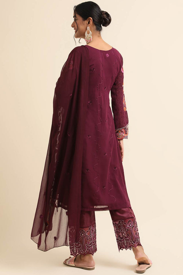 Wine Faux Georgette Pakistani Suit