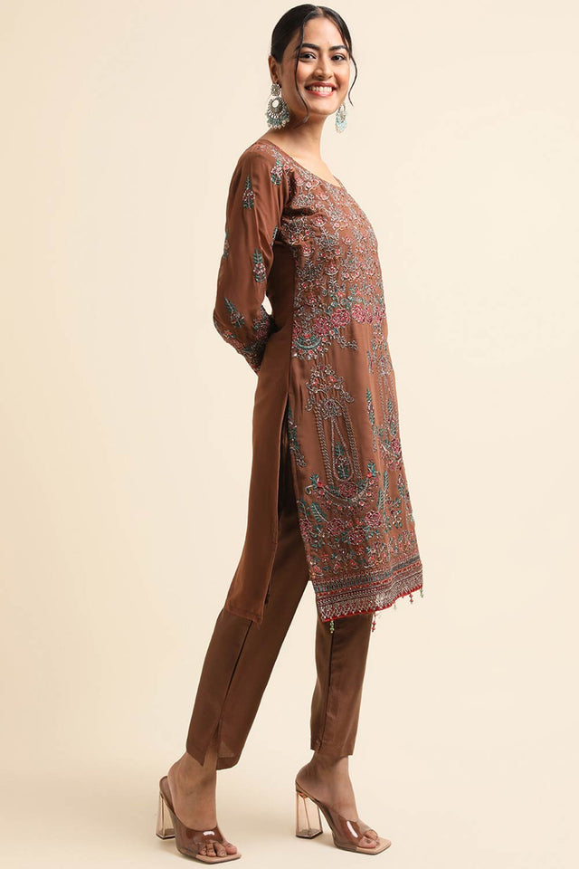 Brown Faux Georgette Pakistani Suit
