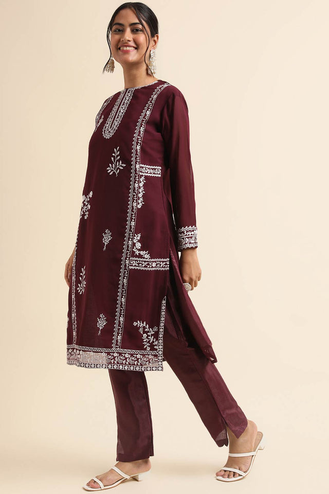 Wine Faux Georgette Pakistani Suit