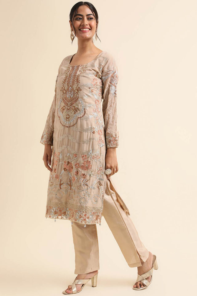 Beige Faux Georgette Pakistani Suit