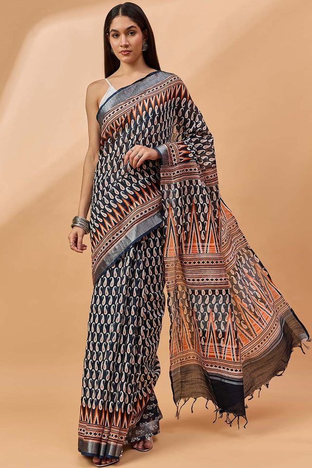 Blue Silk Blend Woven Saree