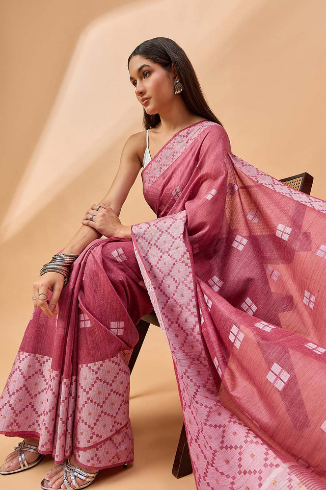 Maroon Silk Blend Woven Saree