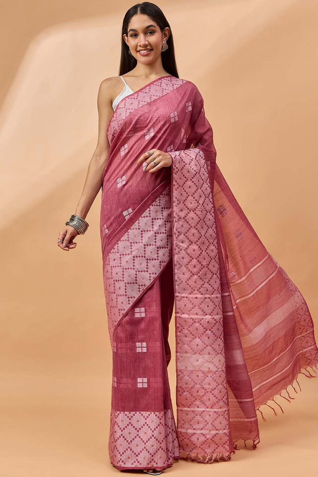 Maroon Silk Blend Woven Saree