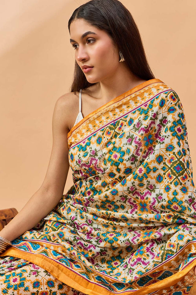 Yellow Silk Blend Woven Saree