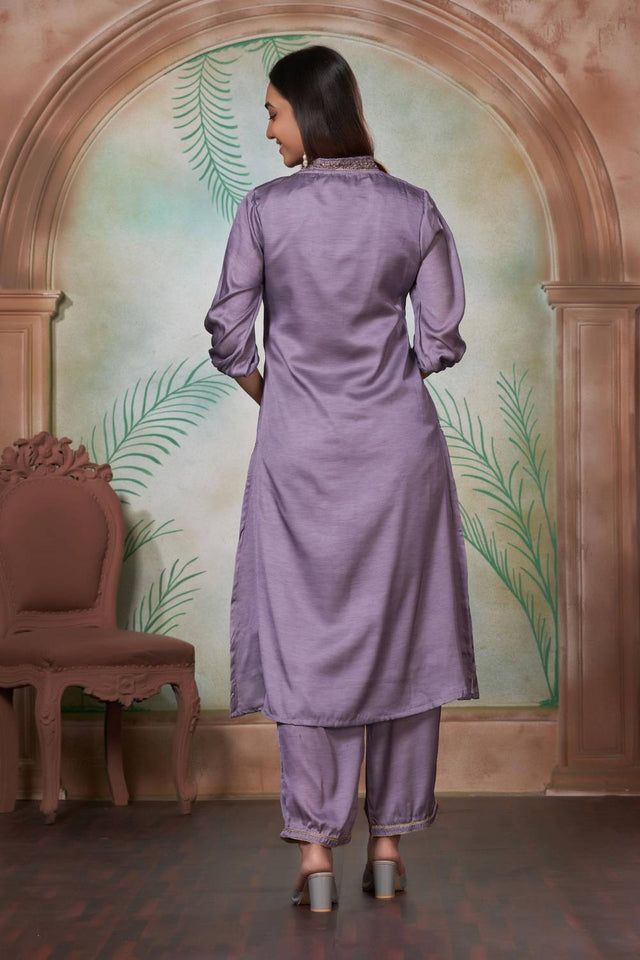 Violet Printed Silk Kurti Pant Set