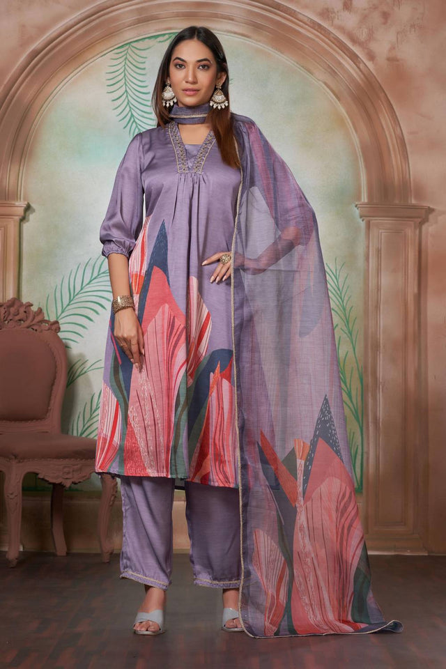 Violet Printed Silk Kurti Pant Set