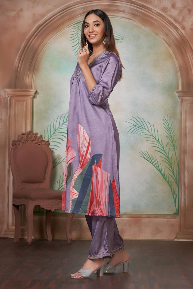 Violet Printed Silk Kurti Pant Set