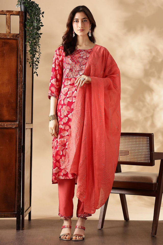 Pink Floral Printed Silk Kurti Pant Set