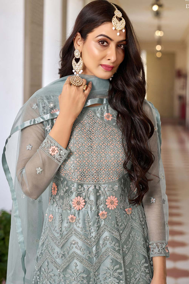 Light Grey Net Embroidered Round Neck Anarkali Suit (SIMRAN-1026-A)