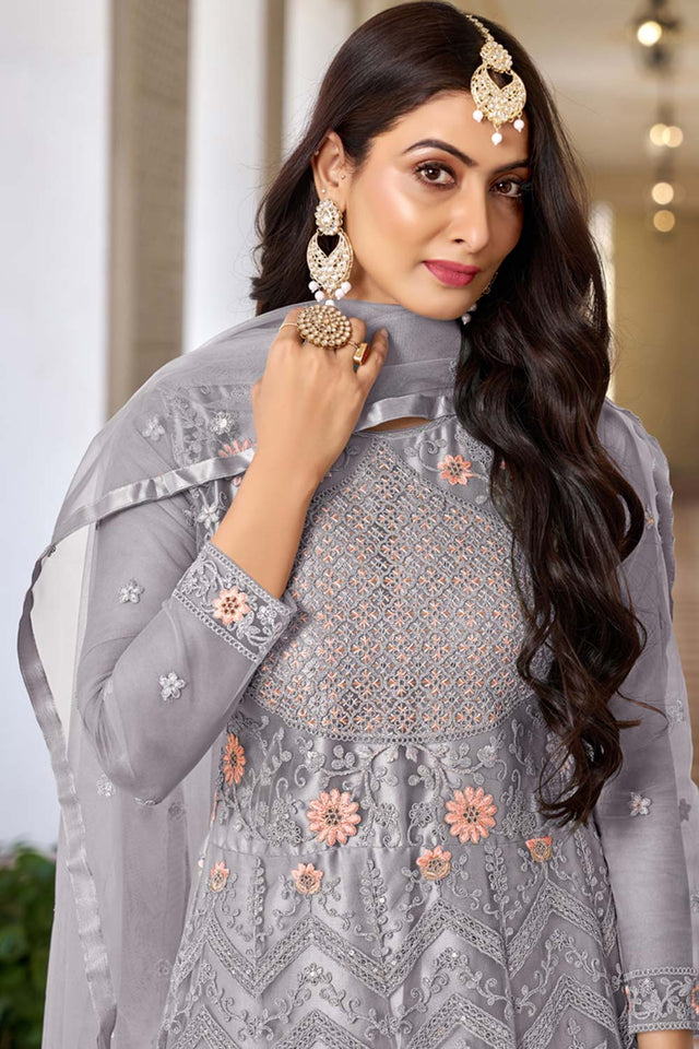 Grey Net Embroidered Round Neck Anarkali Suit (SIMRAN-1026-D)