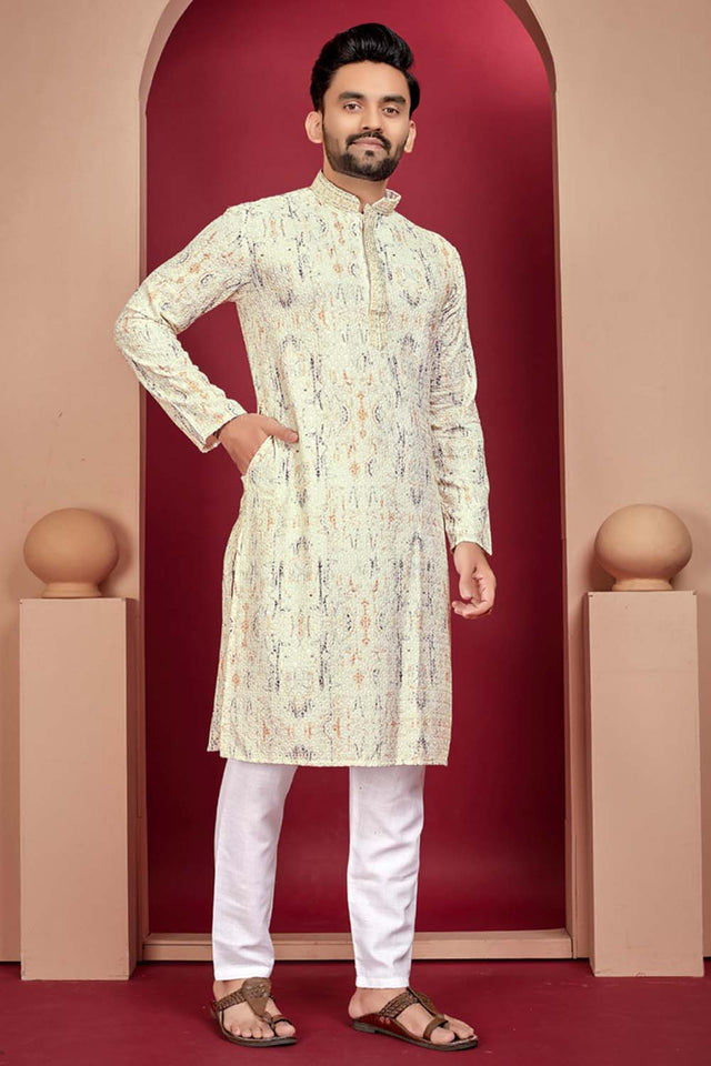 Cream Geometric Chickankari Rayon Men's Kurta Set