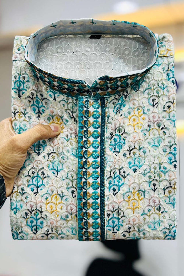 Multi-Color Geometric Chickankari Rayon Men's Kurta Set