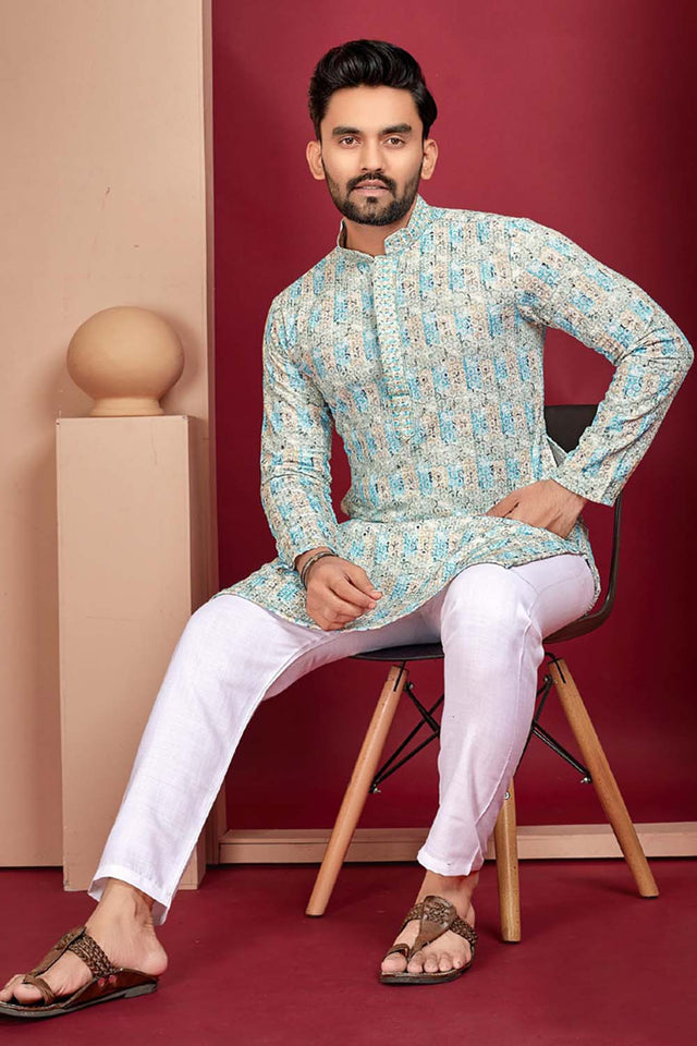Multi-Color Geometric Chickankari Rayon Men's Kurta Set