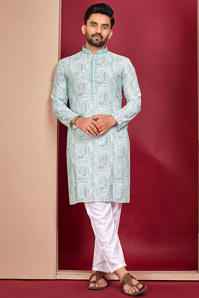 Blue Geometric Chickankari Rayon Men's Kurta Set