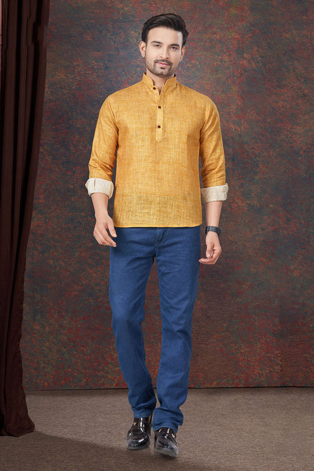 Yellow Solid Linen Short Kurta