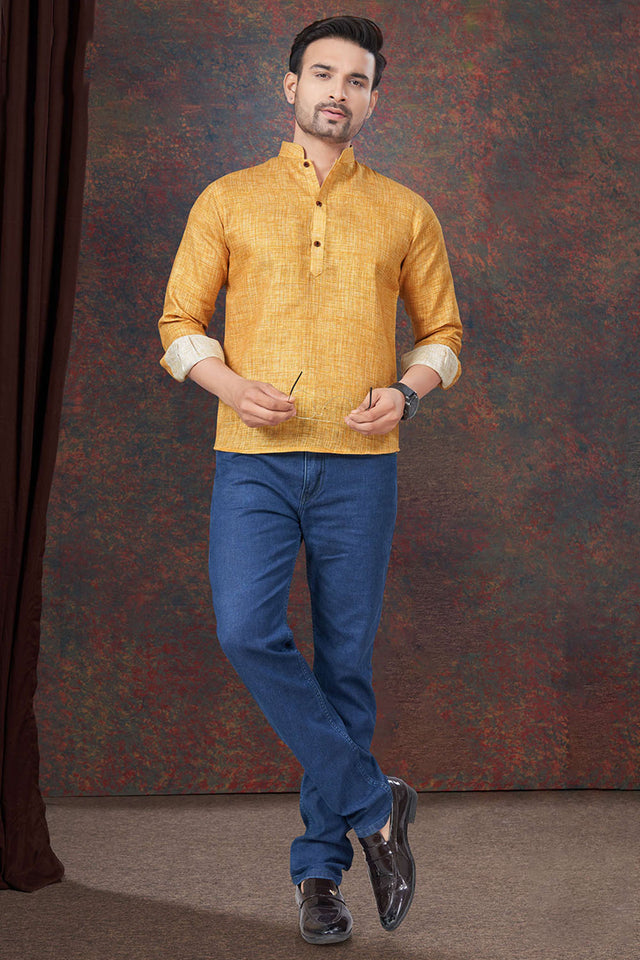 Yellow Solid Linen Short Kurta