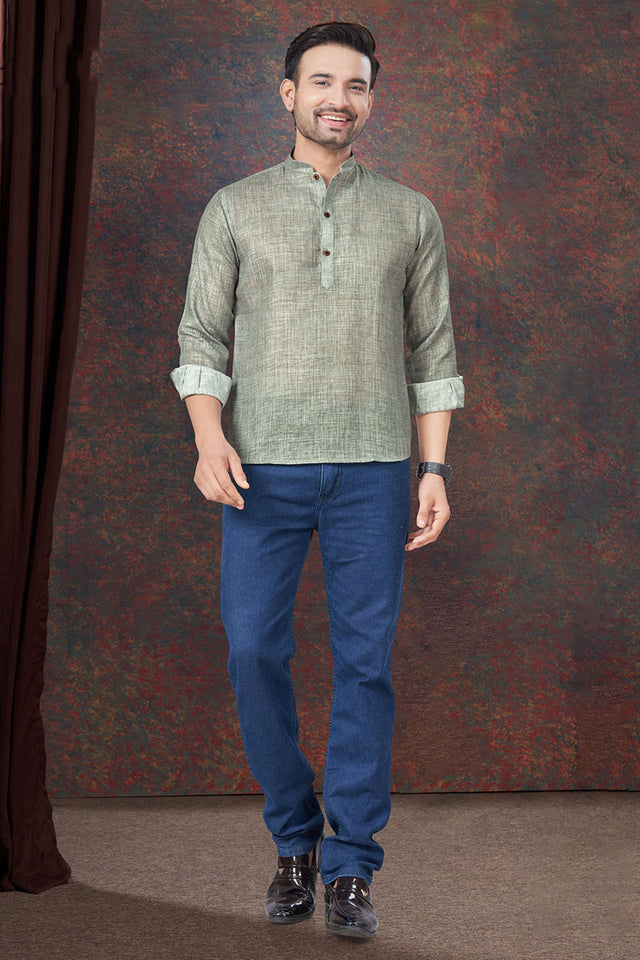 Green Solid Linen Short Kurta