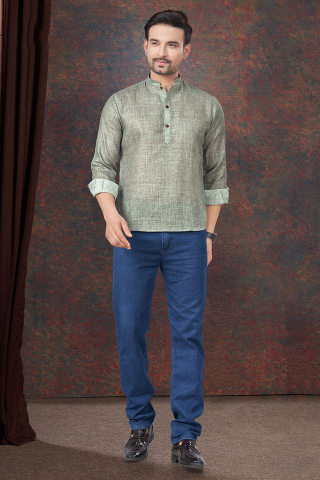 Green Solid Linen Short Kurta
