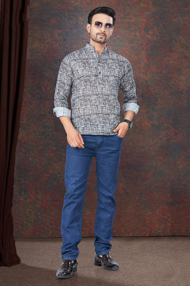 Grey Solid Linen Short Kurta