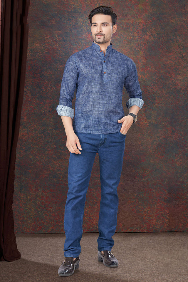 Navy-Blue Solid Linen Short Kurta