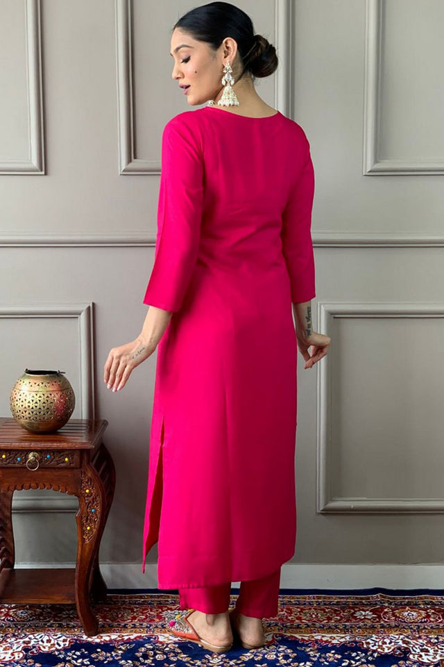 Pink Floral Embroidered Viscose Kurti Pant Set (SKC-546)