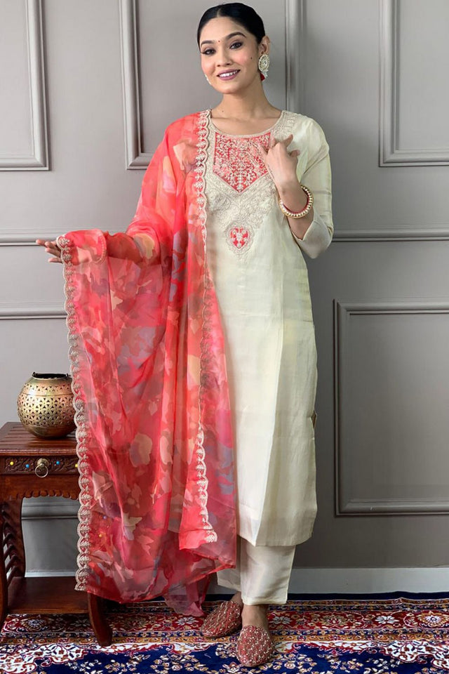 Off White Floral Embroidered Viscose Kurti Pant Set (SKC-547)