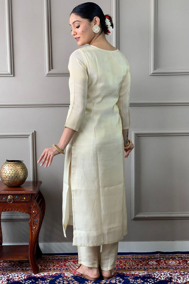Off White Floral Embroidered Viscose Kurti Pant Set (SKC-547)