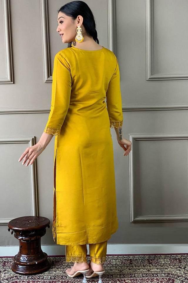 Yellow Floral Embroidered Rayon Kurti Pant Set (SKC-556)