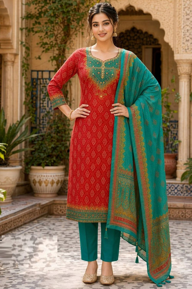 Red Printed Silk Kurti Pant Set (SKC-BHUMIKA)