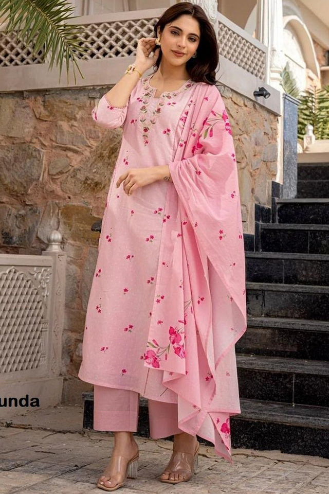 Pink Floral Embroidered Chanderi Kurti Pant Set (SKC-VRUNDA)