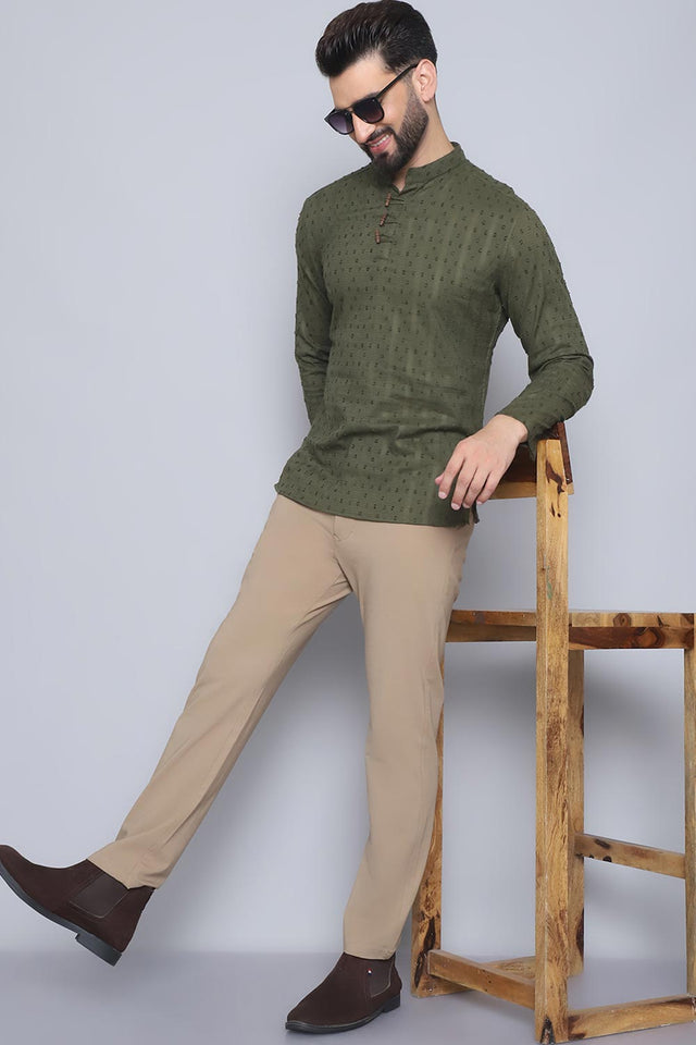 Men's Green Cotton Solid Short Kurta (SKF-DBY1259-GRC)