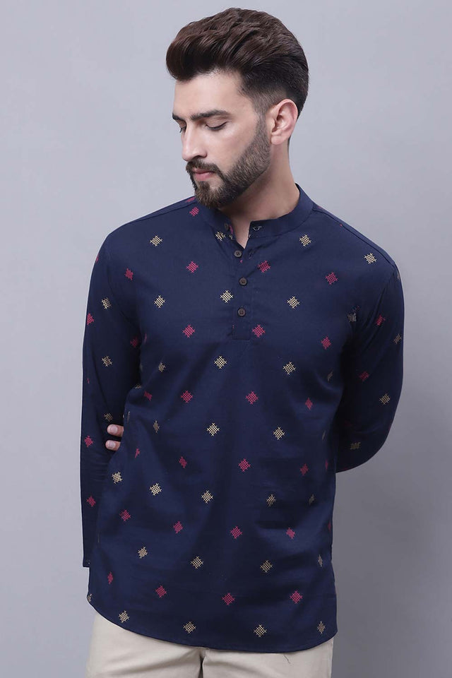 Men's Blue Cotton Check Print Short Kurta Top - L