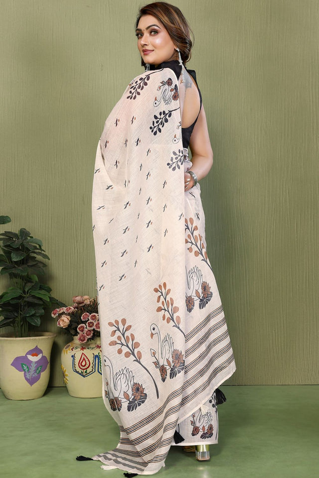 White Printed Cotton Saree (SL-08)